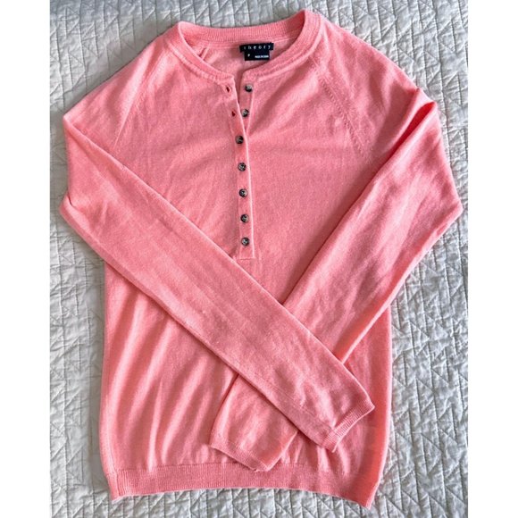 THEORY Pink Cashmere Buttoned Henley Sweater Size XS Petite EUC - Picture 1 of 3